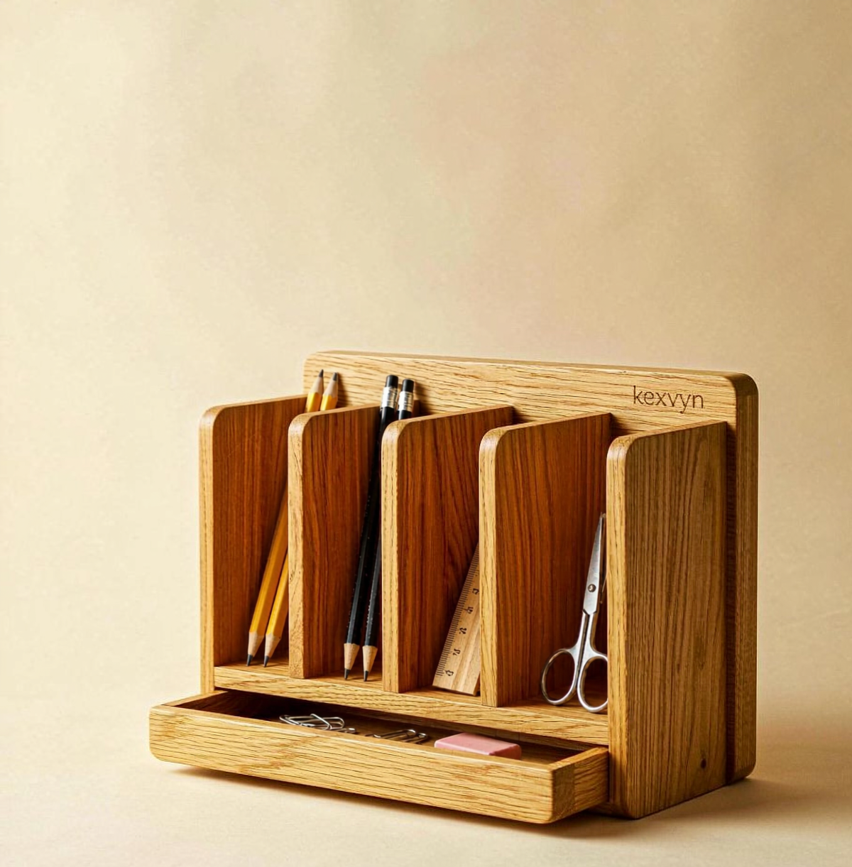 Oak Multi-Compartment Desk Organiser — 5 Bays with Sliding Tray