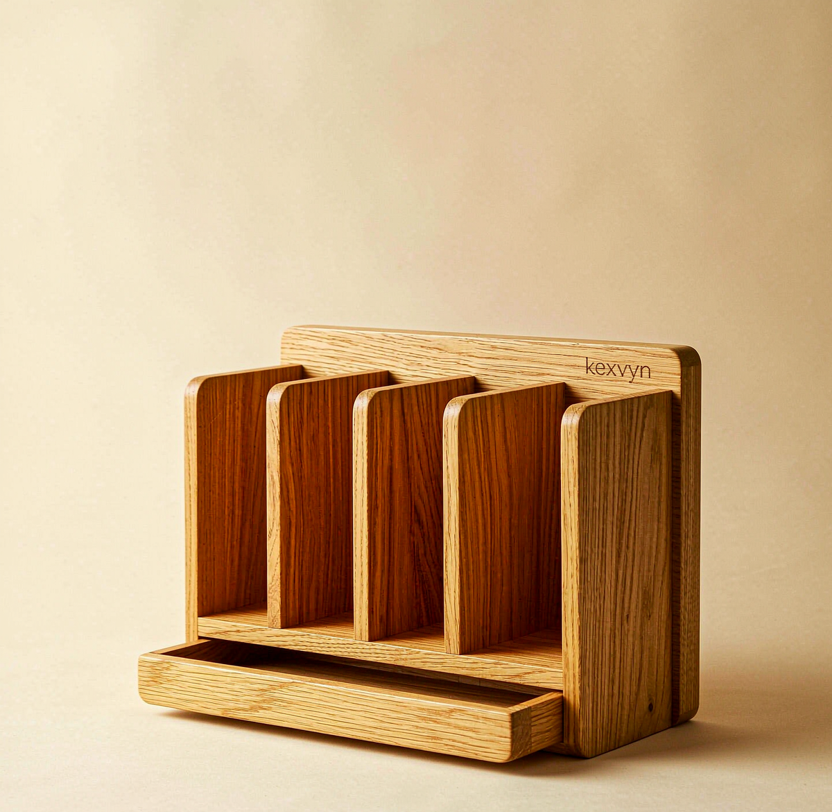 Oak Multi-Compartment Desk Organiser — 5 Bays with Sliding Tray