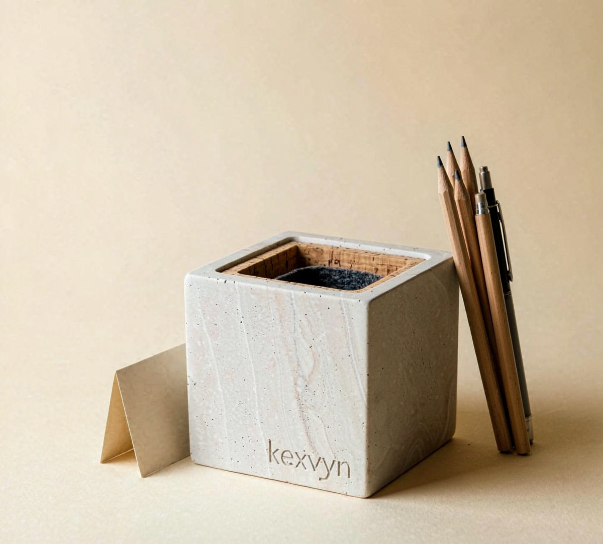 Concrete Pen Cup — Cork-Lined, Felt Base